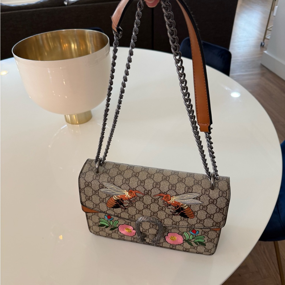 Designer-Inspired Beige & Brown Shoulder Bag with Embroidered Bees and Florals